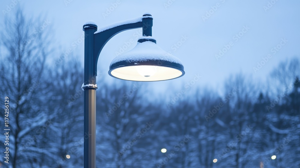 Poster snow-covered street lamp illuminating winter landscape at dusk with trees in the background creating