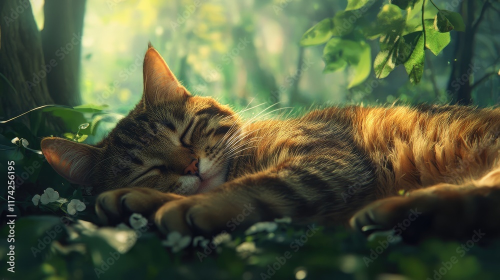 Poster peaceful stray cat napping among lush foliage in a serene forest setting with soft sunlight filterin
