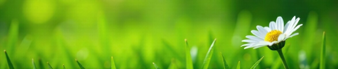 Fresh white daisy flower blooming in lush green grass with dew drops, flowers, fresh