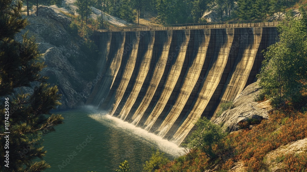Poster majestic dam structure reflecting serene waters surrounded by lush greenery and rugged terrain in a 