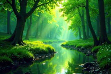 Obraz premium Serene forest with winding river flowing gently through lush greenery, peaceful, green