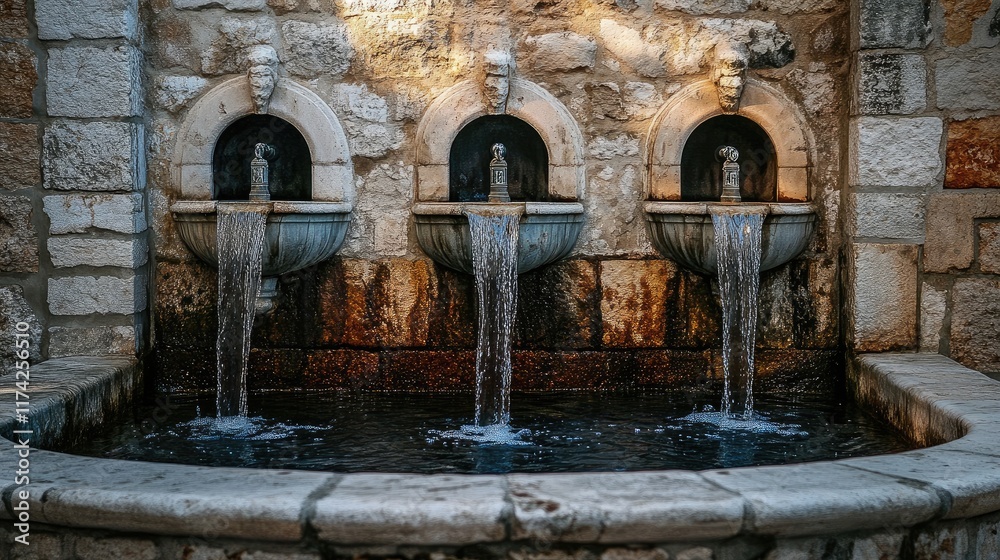 Poster elegant stone fountain with three spouts flowing water into a tranquil basin surrounded by rustic ma