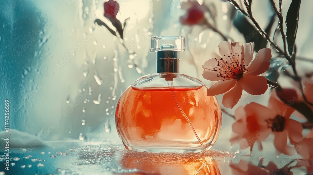 Poster elegant perfume bottle surrounded by delicate flowers and droplets, showcasing a serene and refreshi