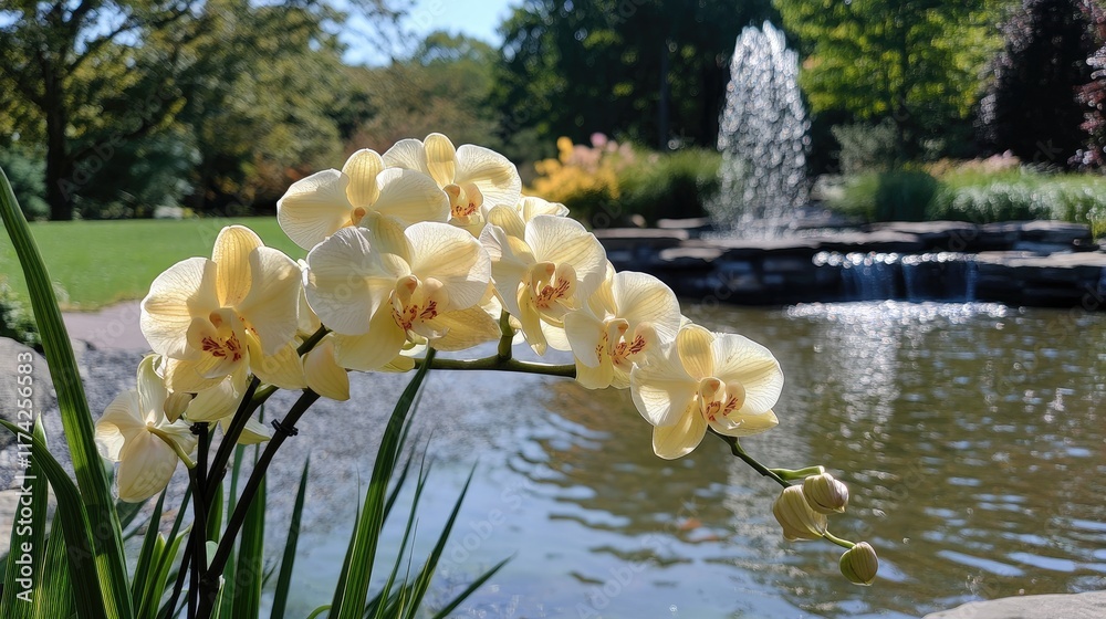 Poster orchids blooming gracefully by a tranquil pond in a lush green park with a fountain in the backgroun