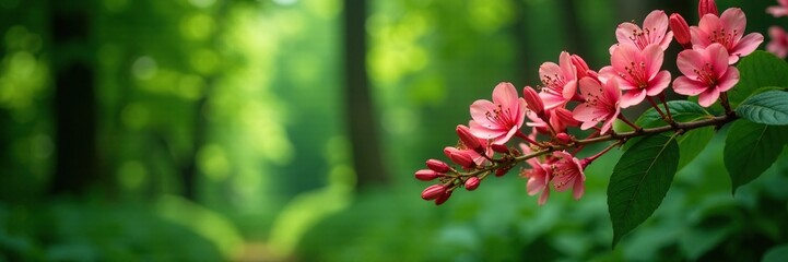 Obraz premium Pink nerium oleander branches amidst lush green forest foliage, greenery, foliage, country