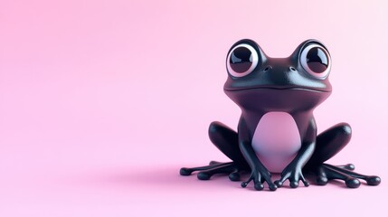 3D cartoon frog character with large eyes and shy expression on soft pink background in a playful and whimsical style
