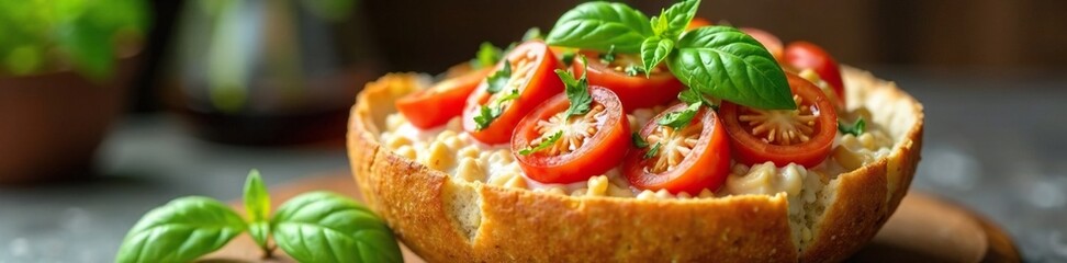 Bread bowl with creamy tomato salad and basil leaves, basil, glass
