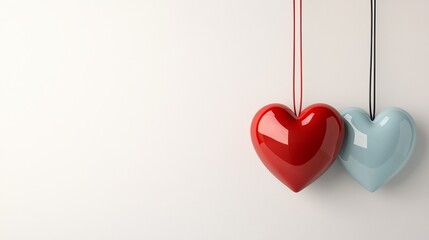 Two hanging hearts, one red and one blue, symbolize love and connection against a simple, light background.