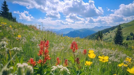 Vibrant Wildflower Meadow with Mountain Backdrop Under Bright Blue Sky