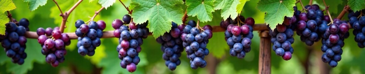 Fototapeta premium A lush green vine covered in ripe purple grapes hanging from twine, wine, purple
