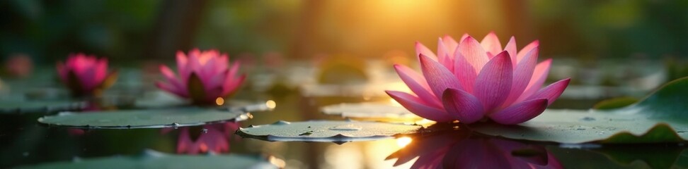 Naklejka premium A single pink lotus flower blooming in a serene pond environment at dawn, morning light, sunrise moments, pink lotus flowers