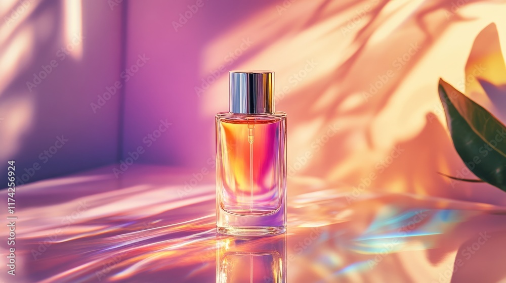 Aufkleber Elegant perfume bottle showcasing colorful reflections and soft shadows in a minimalist studio setting.