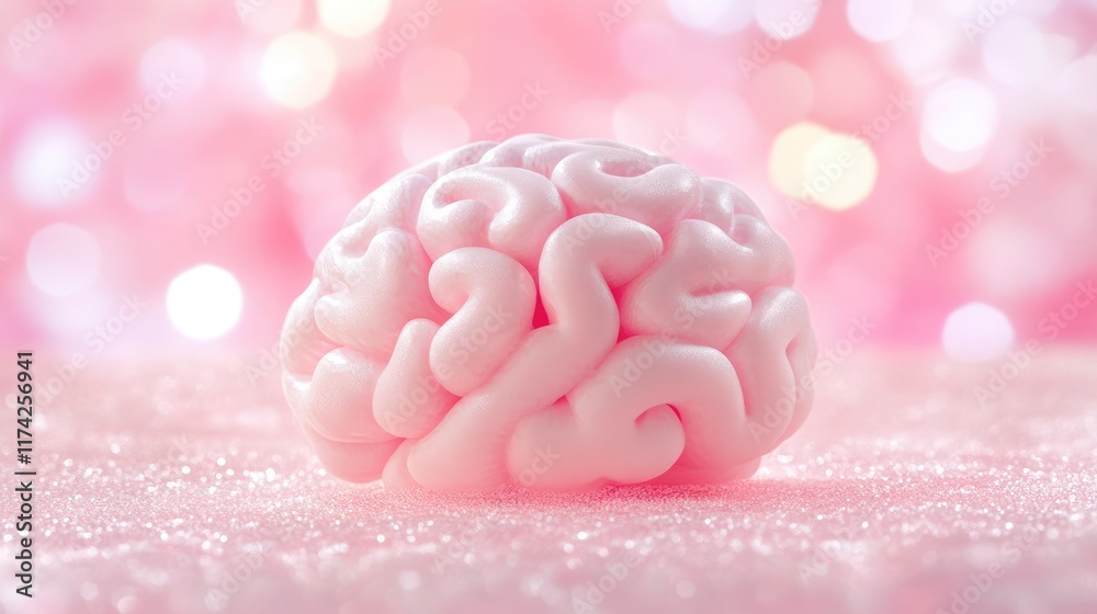 Poster 3d brain model with soft pink texture and dreamy bokeh background for artistic representation of cog