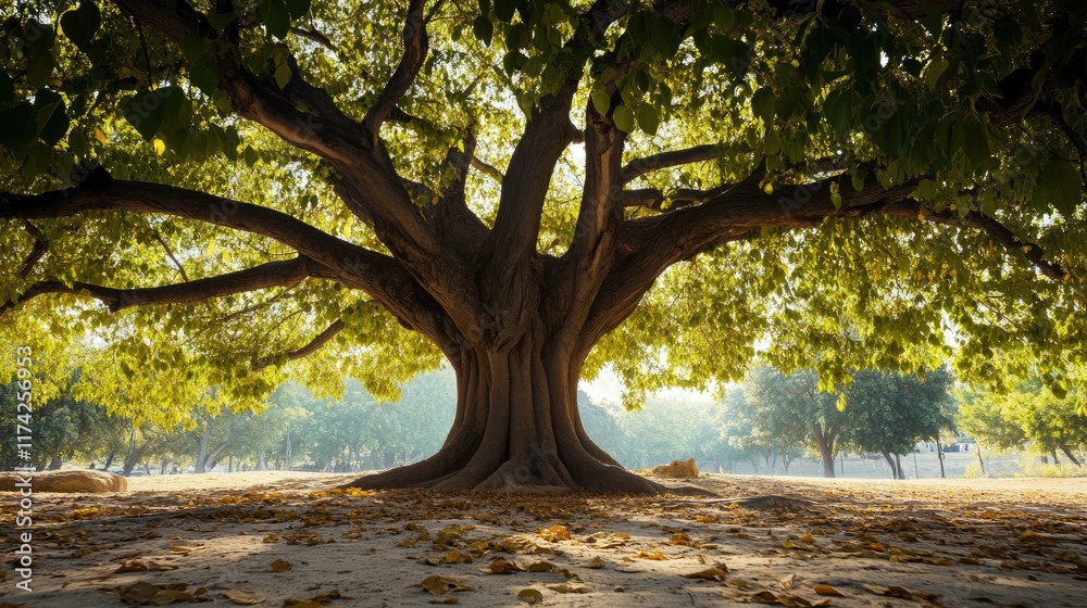 Poster Majestic large tree with expansive branches casting shadows on a serene ground in a peaceful natural setting