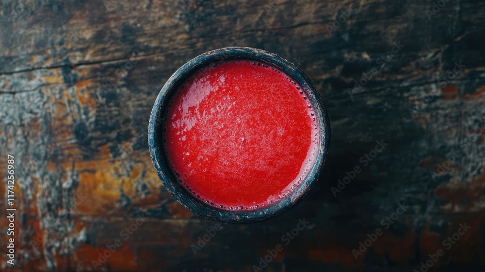 Poster Fresh and vibrant strawberry smoothie served in a rustic bowl for a nutritious breakfast viewed from above on a wooden table.