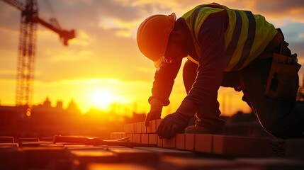 Fototapeta premium Construction worker laying bricks during sunset, showcasing dedication and hard work in a vibrant, industrial setting.