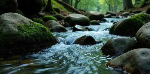 Forest stream with smooth stones and water flowing over moss-covered rocks in muted teal and blue, Earthy Tone, Calming Effect, Water Flow