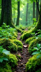 Fototapeta premium Forest floor covered with a thick layer of moss and ferns, greenery, forest floor, overgrown
