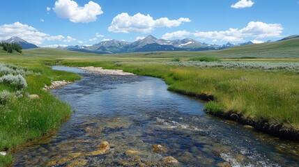 Serene mountain stream flowing through lush green valleys under a bright blue sky and picturesque clouds in a tranquil landscape.