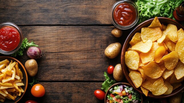 Delicious Potato Chips and French Fries with Salad and Sauces on Rustic Wooden Table for Fast Food Advertising and Branding Opportunities