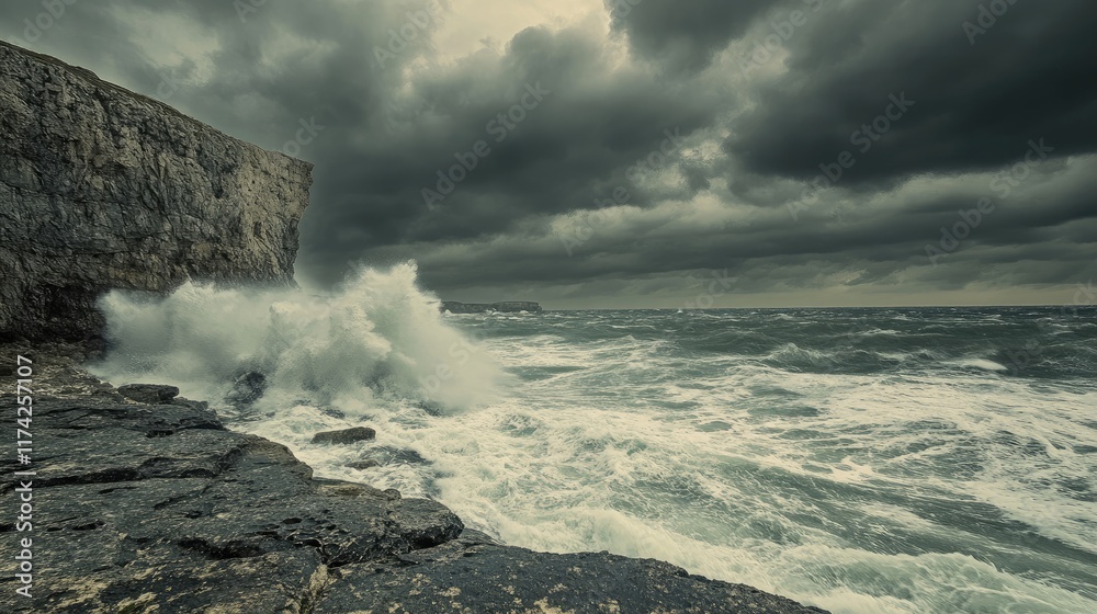Poster Dramatic stormy seascape with dark clouds and crashing waves creating a moody atmosphere over rugged coastal cliffs