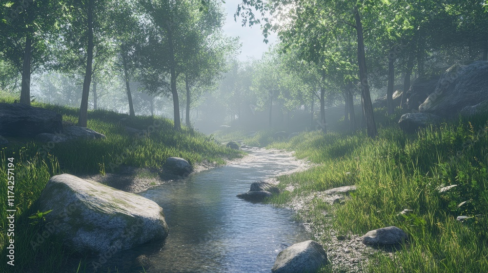 Aufkleber Serene forest stream surrounded by lush greenery and sunlight filtering through trees in a tranquil natural setting.