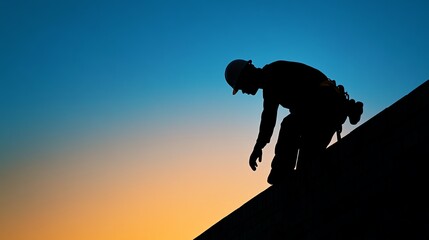 Silhouette of a roofer working at sunset, showcasing dedication and craftsmanship in construction.