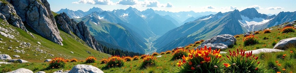 Fototapeta premium Rocky terrain with wildflowers on the Weisshorn slopes, wildflowers, rocks, mountain environment