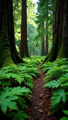 Fototapeta premium Redwood leaves and ferns carpet the forest floor, moss, green, redwood forest