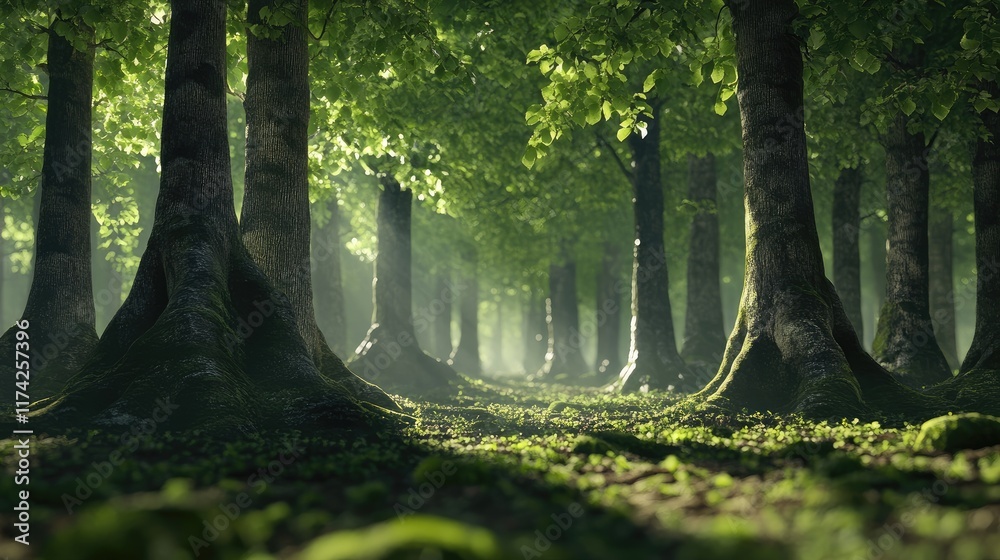 Poster Lush forest scene showcasing beech trees with vibrant green foliage creating a serene and tranquil natural environment.