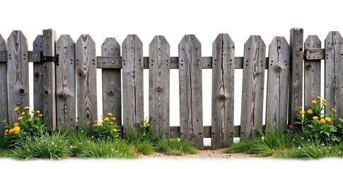 Fototapeta premium Weathered wooden fence with a rustic charm isolated on white background, serenity, fence