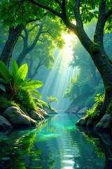 Tropical leaf canopy above serene water features, leaf, water feature, lakeside