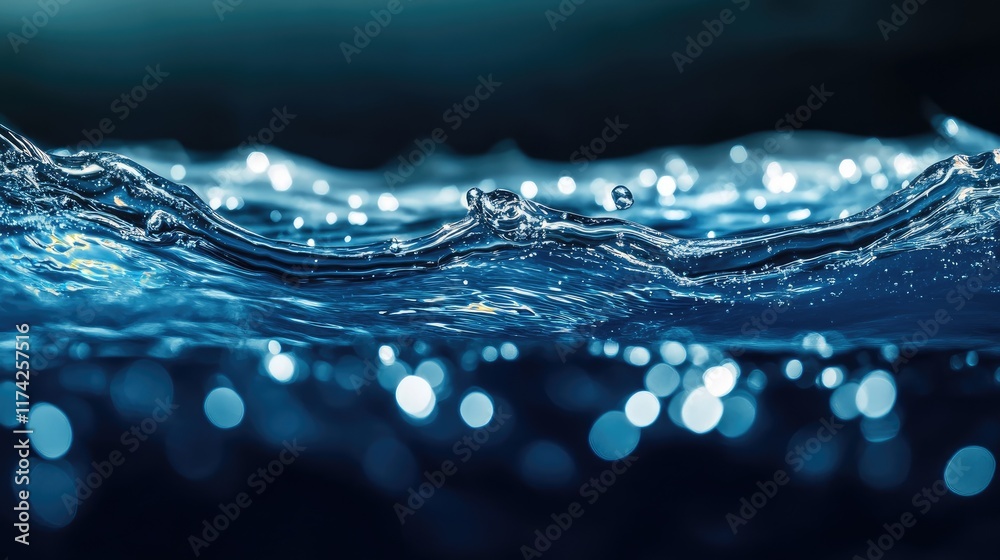 Aufkleber Elegant Blue Water Surface with Ripple Effects and Bokeh Light Highlights in a Dark Background for Abstract Visuals and Designs