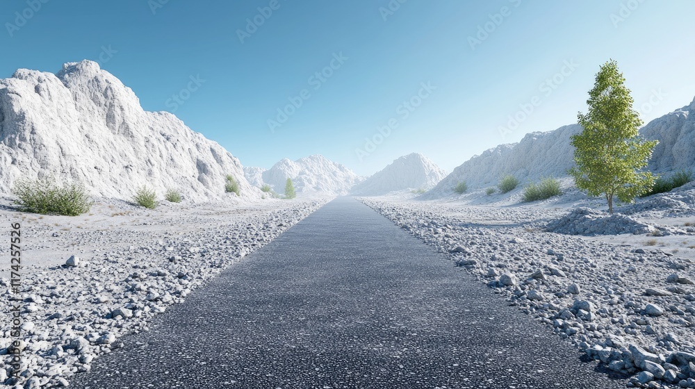 Poster desolate road stretching through rocky terrain with arid white mountains and sparse greenery on eith