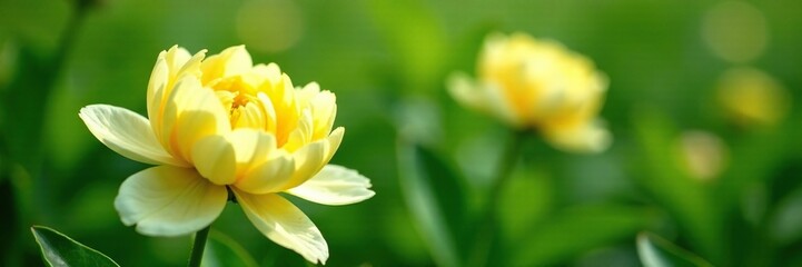 Fototapeta premium Delicate yellow peony flowers against a lush green background, white, yellow, organic