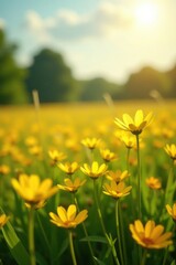 Fototapeta premium Delicate golden petals dance on the wind in sunlit fields, flowers, landscape