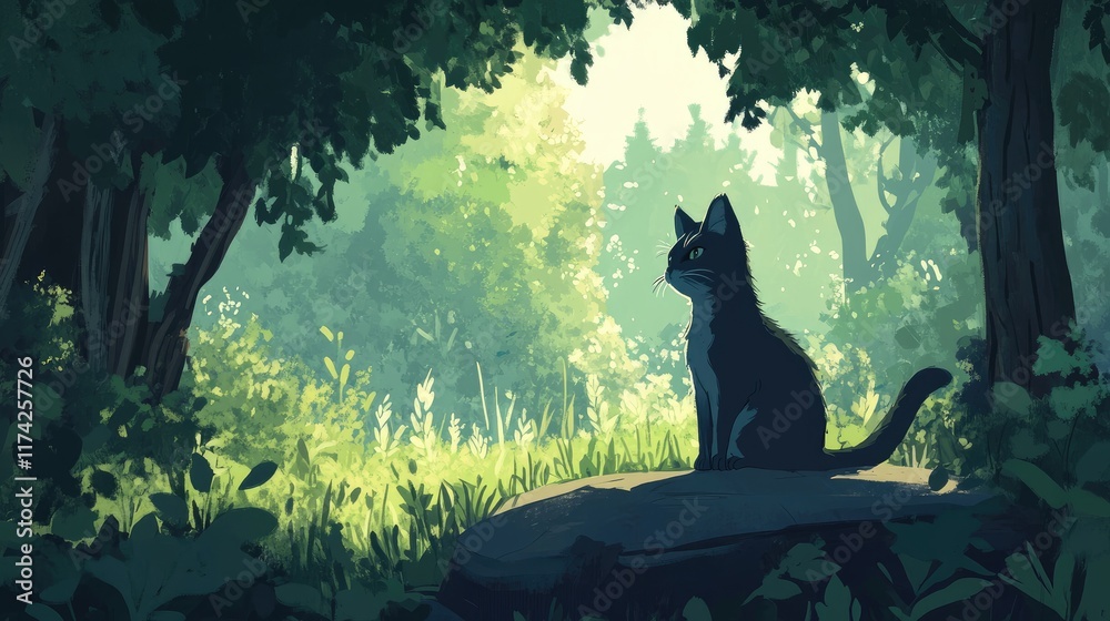 Poster Stray cat sitting on a rock in a lush green forest surrounded by sunlight and foliage creating a serene and peaceful atmosphere.