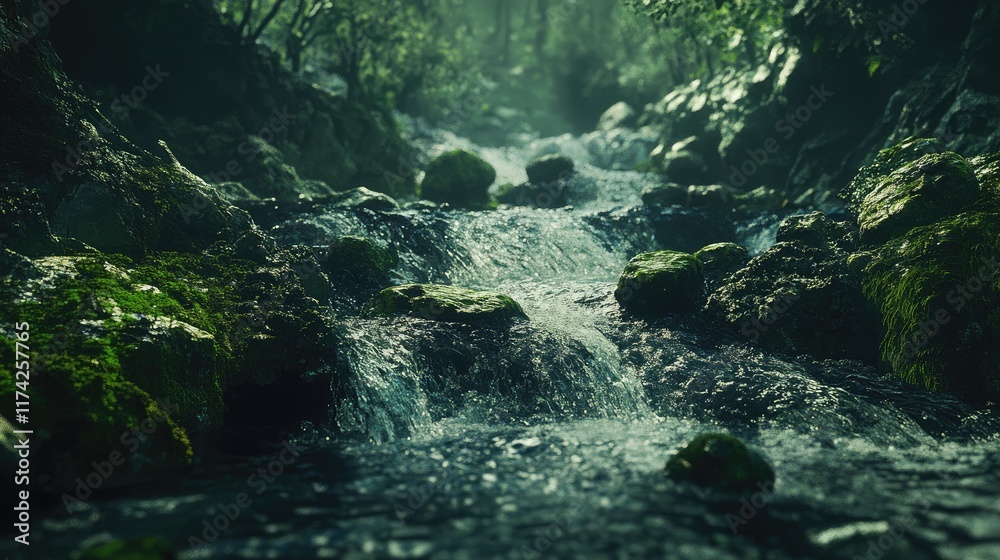 Poster moss-covered stones in a stormy stream flowing through a lush forest with rocks balancing along the 