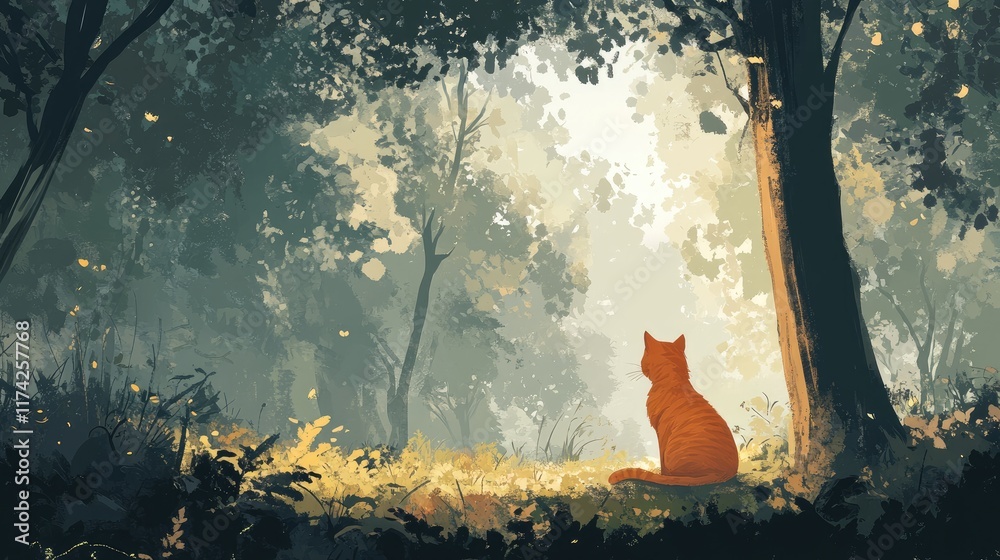 Poster a solitary orange cat gazing into a sunlit forest scene surrounded by lush greenery and soft sunligh