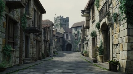 Fototapeta premium Scenic cobblestone street in a historic medieval town with stone buildings and a castle tower in the background.