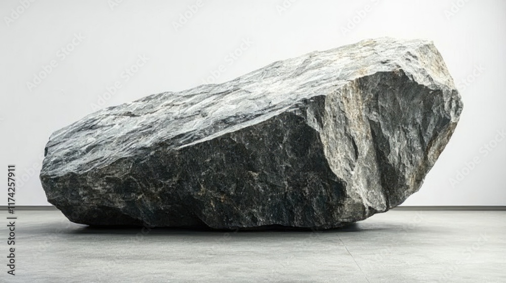 Poster Large natural rock slab displayed in minimalistic gallery setting highlighting its texture and geological features.
