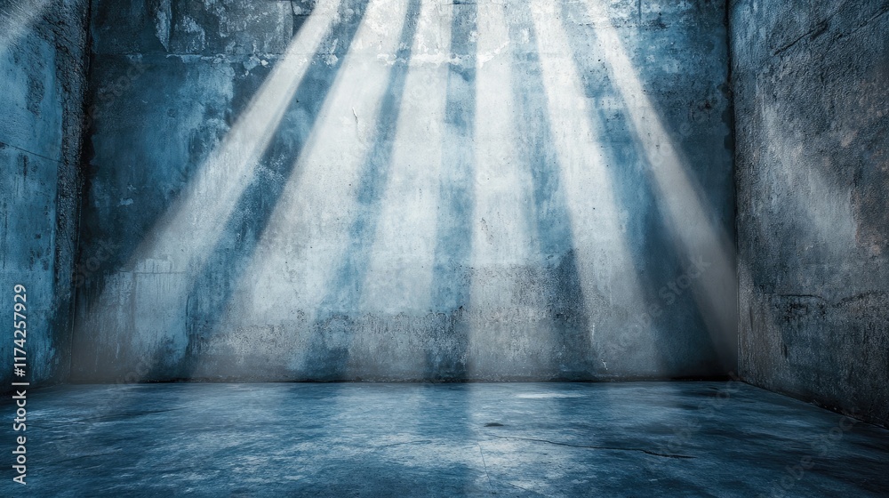 Poster abstract concrete room illuminated by dramatic light beams creating a moody and introspective atmosp