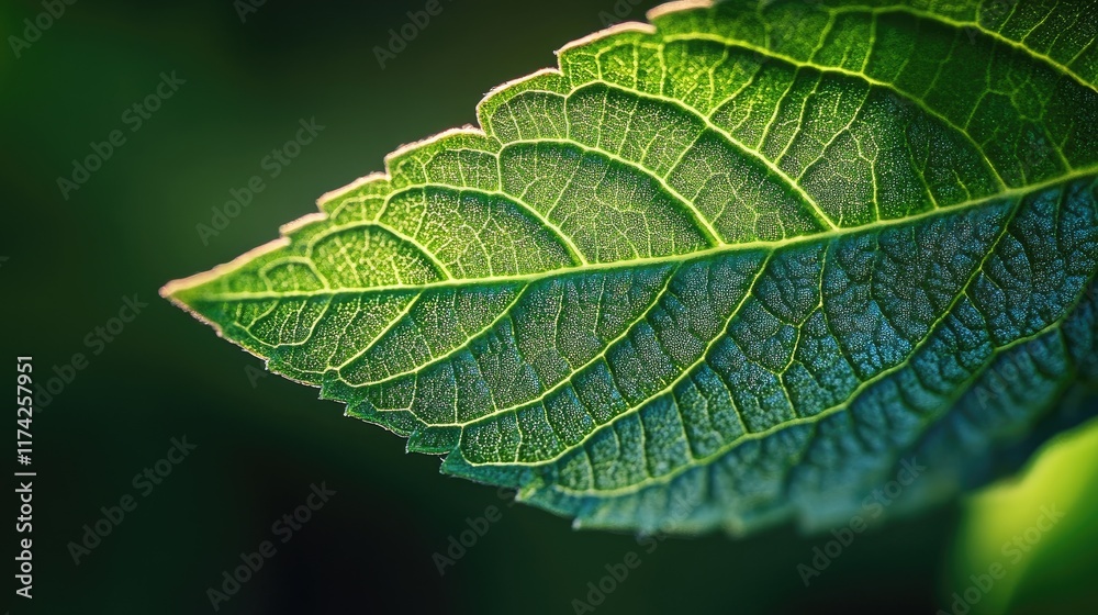 Poster high resolution macro shot showcasing intricate details of a fresh green leaf with vibrant textures 