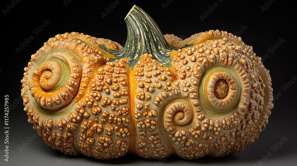 Poster Unique textured squash with intricate patterns and vibrant colors against a dark background highlighting its distinctive shape and design.