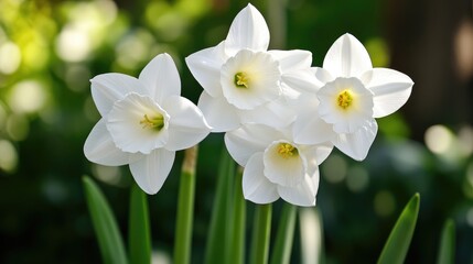 Obraz premium Stunning white daffodil flowers blooming in a lush garden setting during daylight for a serene natural atmosphere