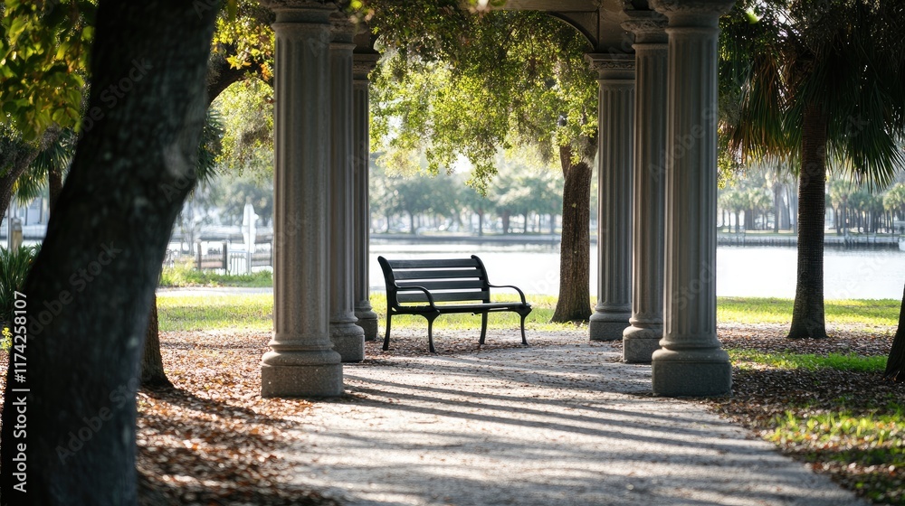 Poster Serene bench nestled between columns in a picturesque waterfront park surrounded by lush trees and shimmering water.