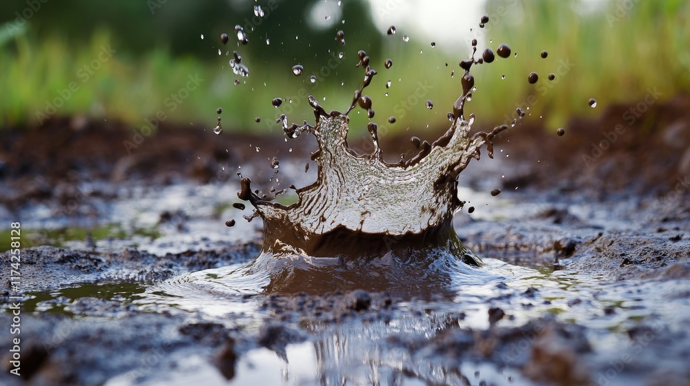 Poster Splashing water droplets creating concentric ripples in a muddy puddle during summer showcasing nature's playful and dynamic beauty