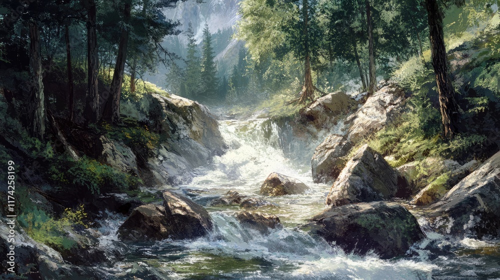Poster mountain stream flowing through lush forest with rocks and fallen trees under dramatic stormy skies.