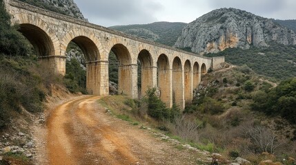 Obraz premium Ancient aqueduct bridge spanning mountains surrounded by rugged terrain and scenic landscape under a cloudy sky