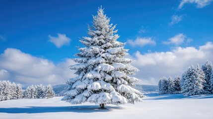 Naklejka premium Snowy pine tree in winter landscape with vibrant blue skies and fluffy clouds showcasing a serene seasonal scene